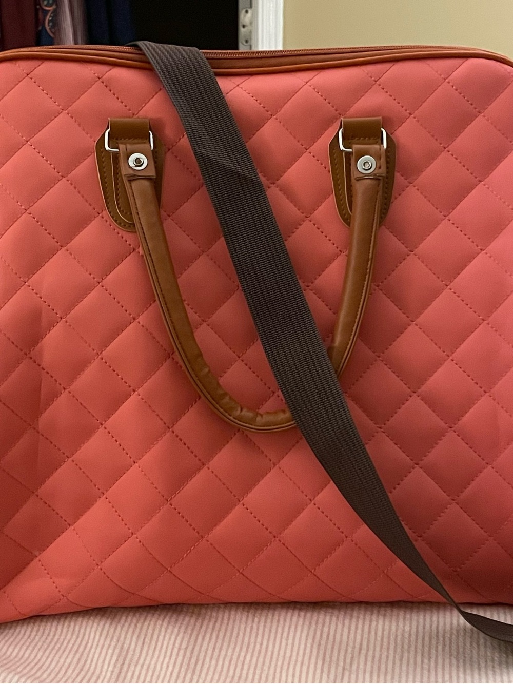 Quilted Coral Travel Tote with Brown Handles